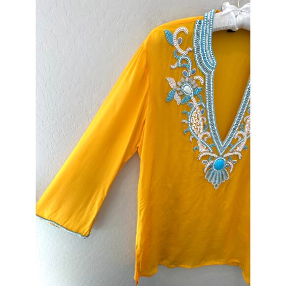 BOSTON PROPER | Yellow Beaded Resort Tunic Top V-Neck | Medium - Picture 3 of 8